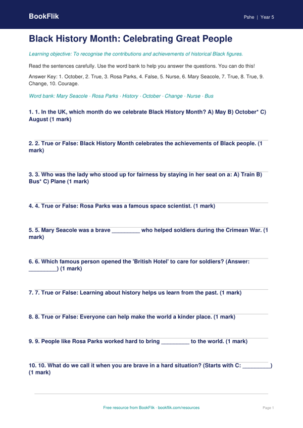 Free Black History Month Quiz | Year 5 | HASS / Personal Development | BookFlik worksheet preview — Pshe Black History Month