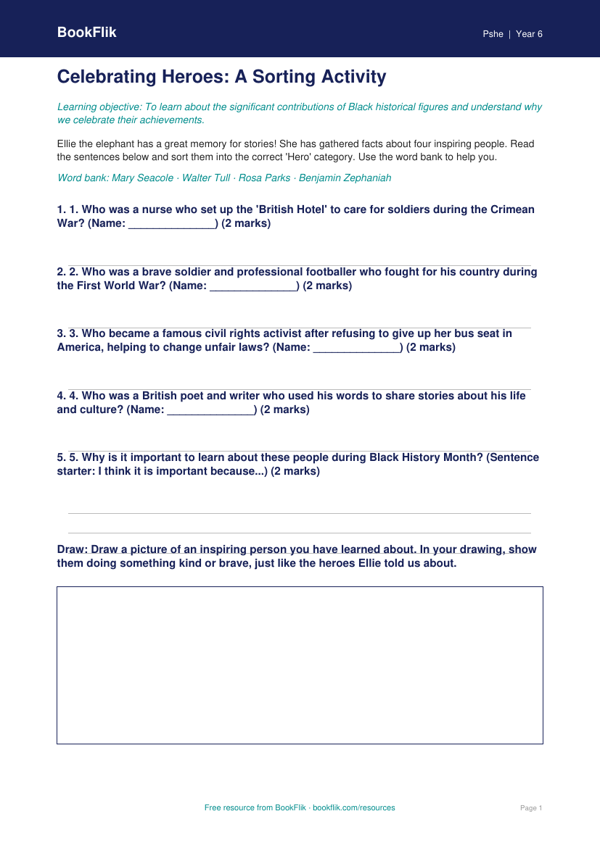 Free Black History Month Activity Sheet | Year 6 | HASS / Personal Development | BookFlik worksheet preview — Pshe Black History Month