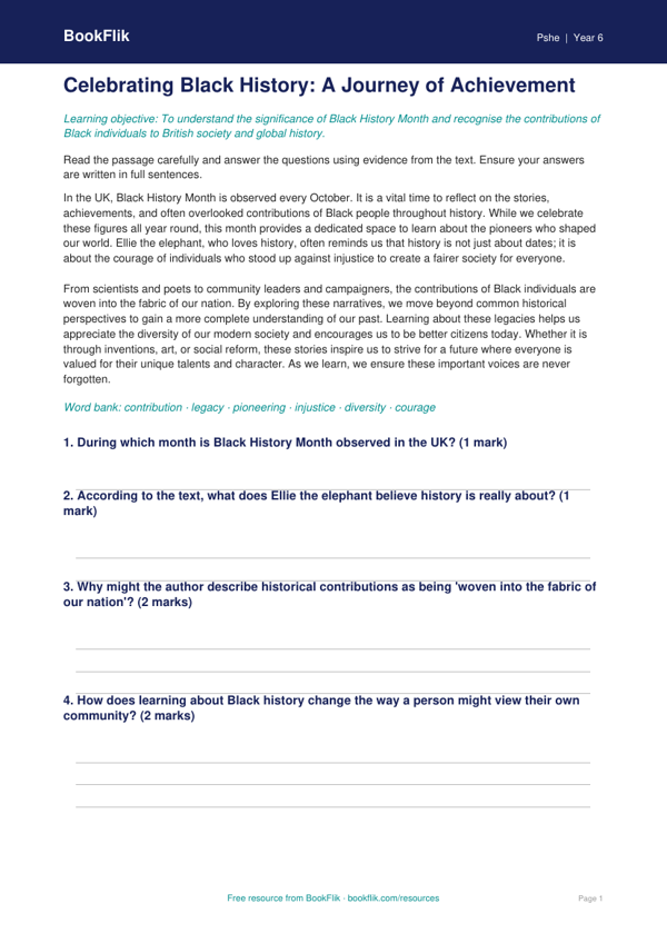 Free Black History Month Comprehension | Year 6 | HASS / Personal Development | BookFlik worksheet preview — Pshe Black History Month