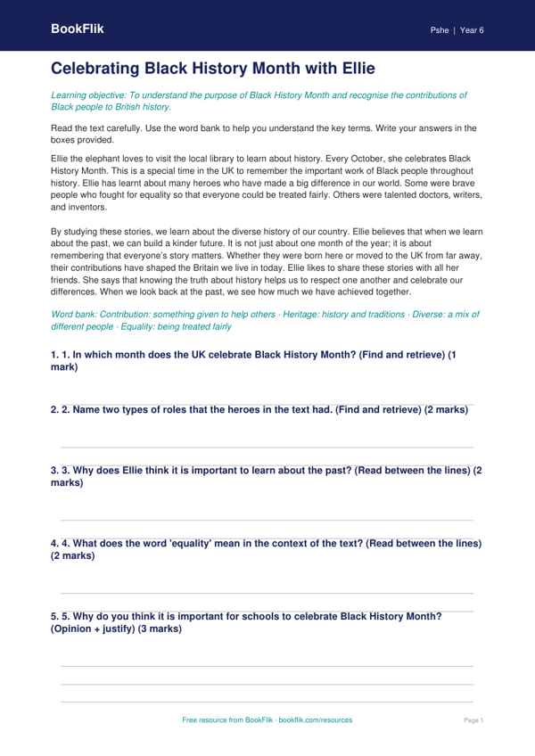 Free Black History Month Comprehension | Year 6 | HASS / Personal Development | BookFlik worksheet preview — Pshe Black History Month