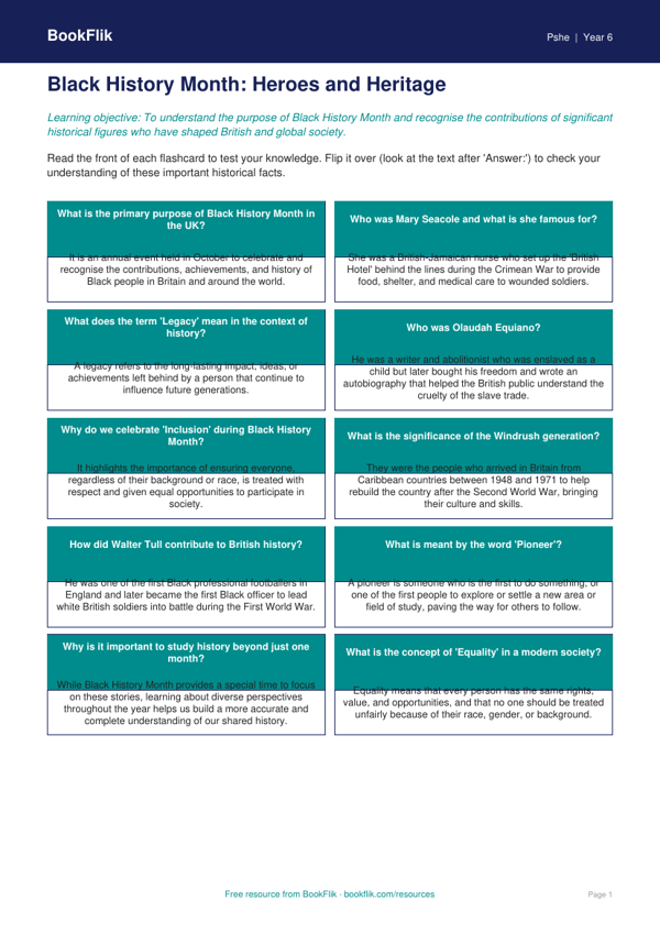 Black History Month Flashcards for Year 6 | HASS Resources | BookFlik worksheet preview — Pshe Black History Month