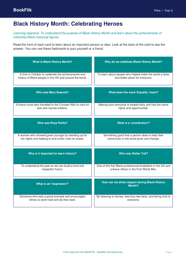 Free Black History Month Flashcards | Year 6 | HASS / Personal Development | BookFlik worksheet preview — Pshe Black History Month