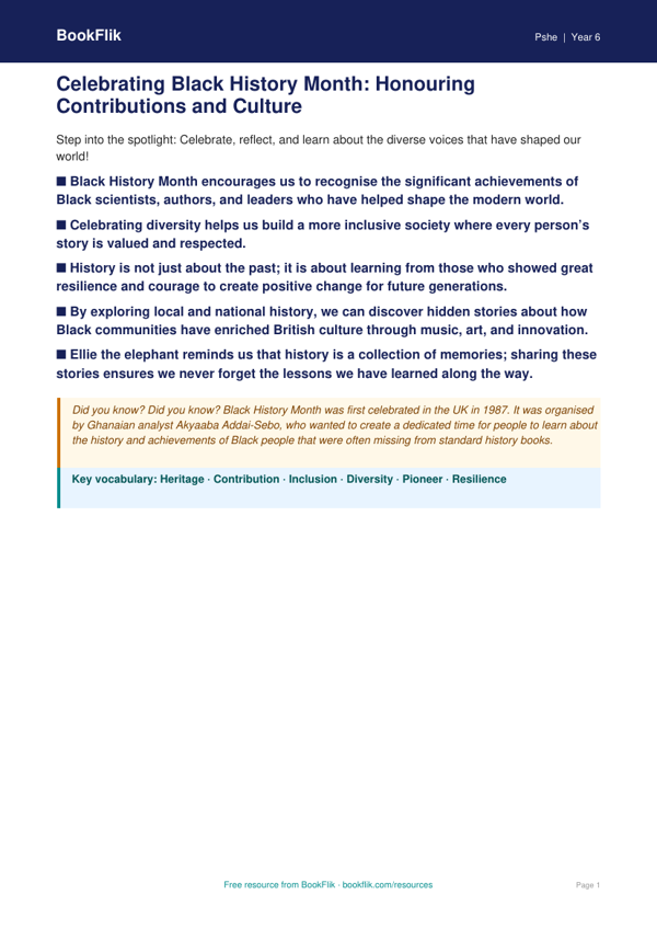 Free Black History Month Poster | Year 6 | HASS / Personal Development | BookFlik worksheet preview — Pshe Black History Month