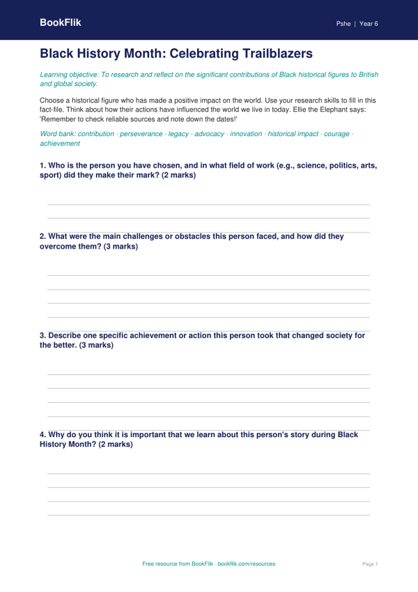 Free Black History Month Template | Year 6 | HASS / Personal Development | BookFlik worksheet preview — Pshe Black History Month