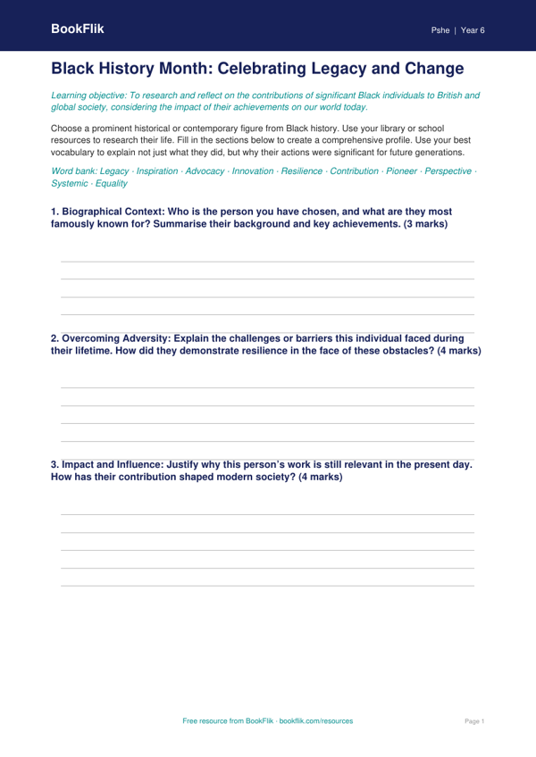 Free Black History Month Template | Year 6 | HASS / Personal Development | BookFlik worksheet preview — Pshe Black History Month