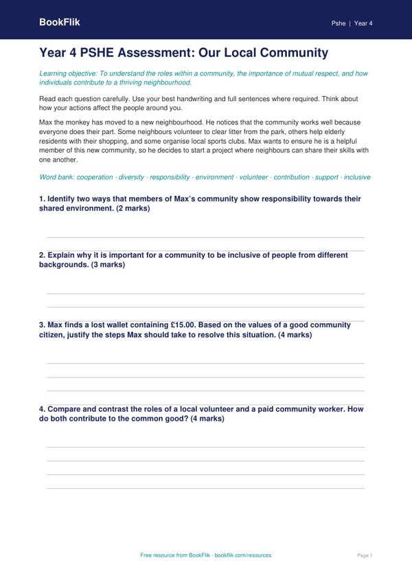 Free Community Assessment | Year 4 | HASS / Personal Development | BookFlik worksheet preview — Pshe Community