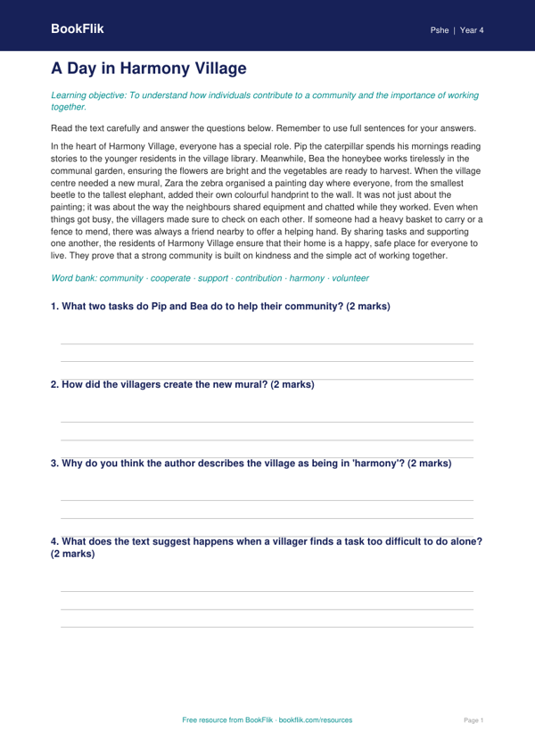 Free Community Comprehension | Year 4 | HASS / Personal Development | BookFlik worksheet preview — Pshe Community