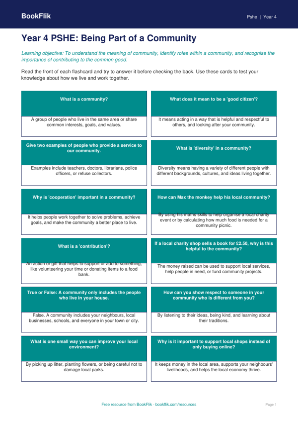 Free Community Flashcards | Year 4 | HASS / Personal Development | BookFlik worksheet preview — Pshe Community