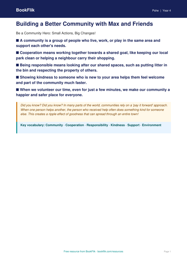 Free Community Poster | Year 4 | HASS / Personal Development | BookFlik worksheet preview — Pshe Community