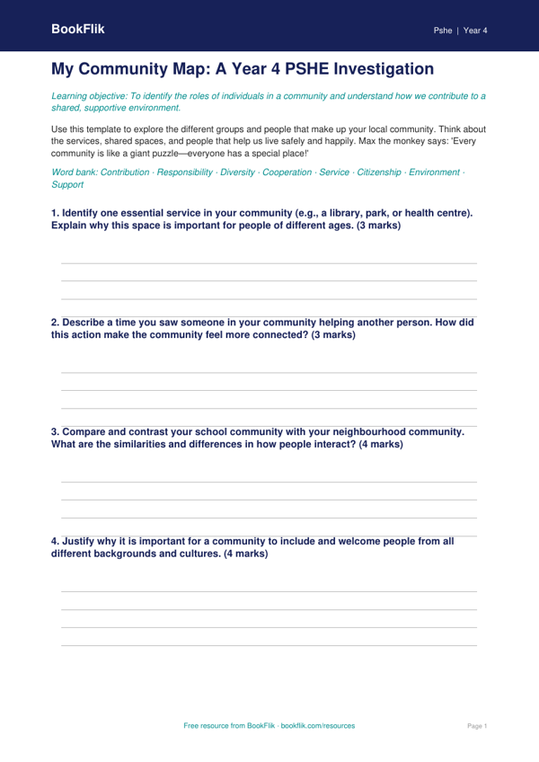 Year 4 Community Template: HASS & Personal Development | BookFlik worksheet preview — Pshe Community