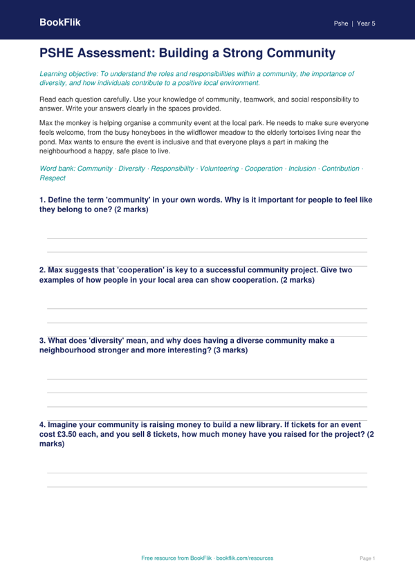 Free Community Assessment | Year 5 | HASS / Personal Development | BookFlik worksheet preview — Pshe Community