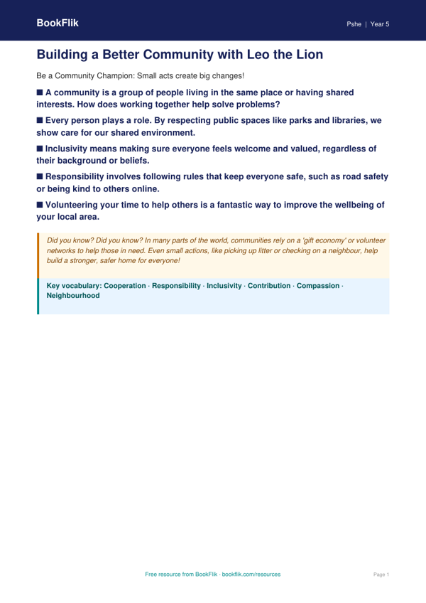 Free Community Poster | Year 5 | HASS / Personal Development | BookFlik worksheet preview — Pshe Community