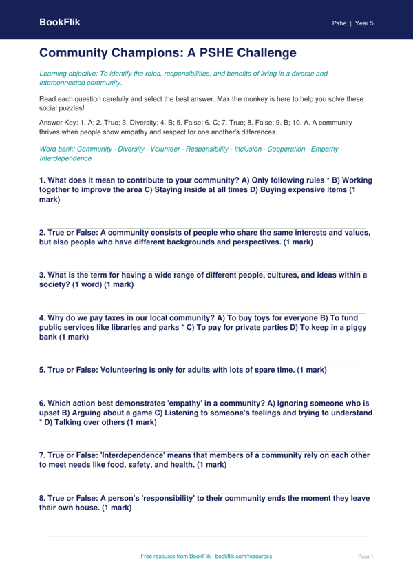 Free Community Quiz | Year 5 | HASS / Personal Development | BookFlik worksheet preview — Pshe Community