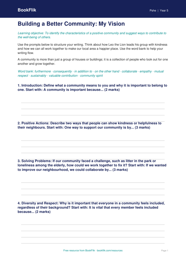 Free Community Writing Frame | Year 5 | HASS / Personal Development | BookFlik worksheet preview — Pshe Community