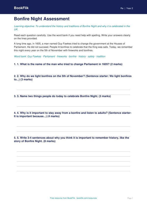 Free Bonfire Night Assessment | Year 2 | Religious Education | BookFlik worksheet preview — Re Bonfire Night