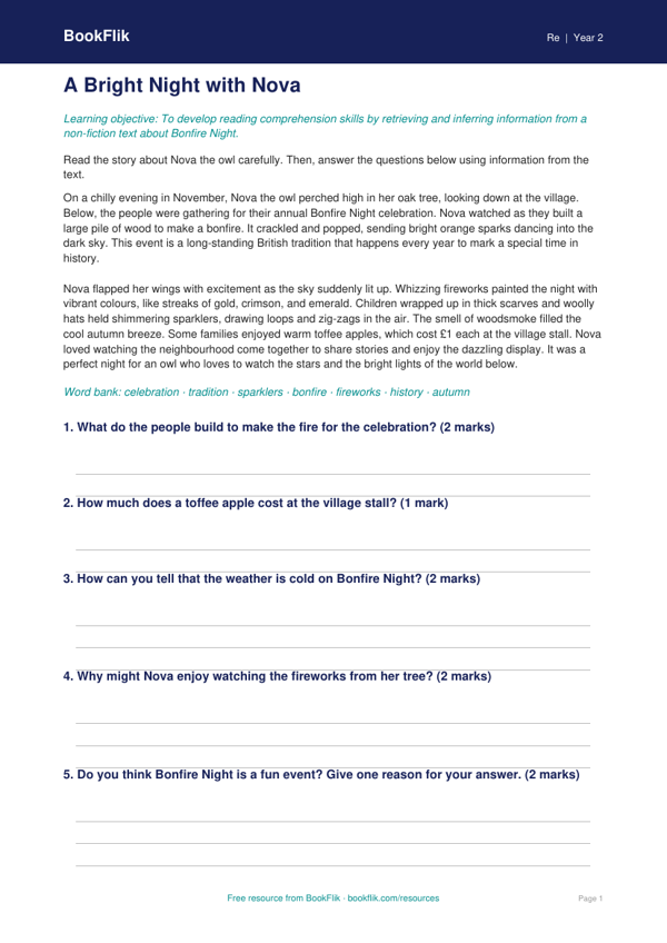 Bonfire Night Comprehension | Year 2 Religious Education | BookFlik worksheet preview — Re Bonfire Night