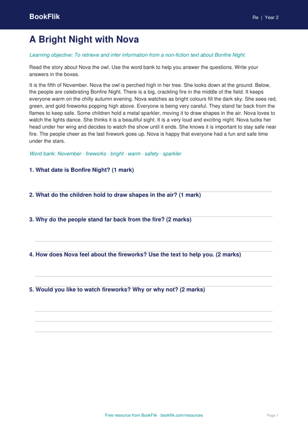 Free Bonfire Night Comprehension | Year 2 | Religious Education | BookFlik worksheet preview — Re Bonfire Night