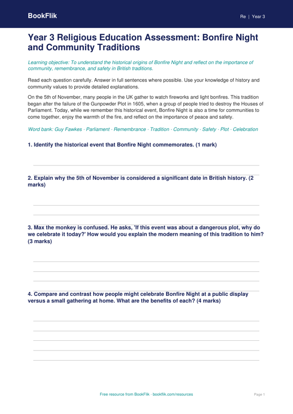 Bonfire Night History & Traditions | Year 3 Religious Education | BookFlik worksheet preview — Re Bonfire Night