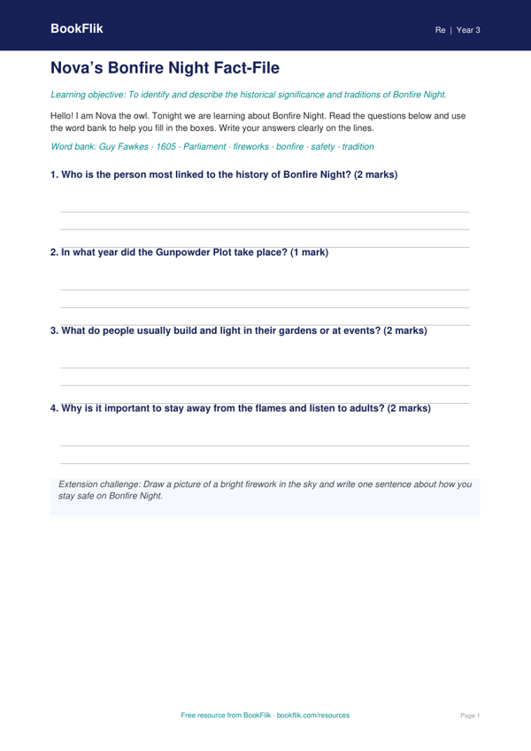 Free Bonfire Night Template | Year 3 | Religious Education | BookFlik worksheet preview — Re Bonfire Night