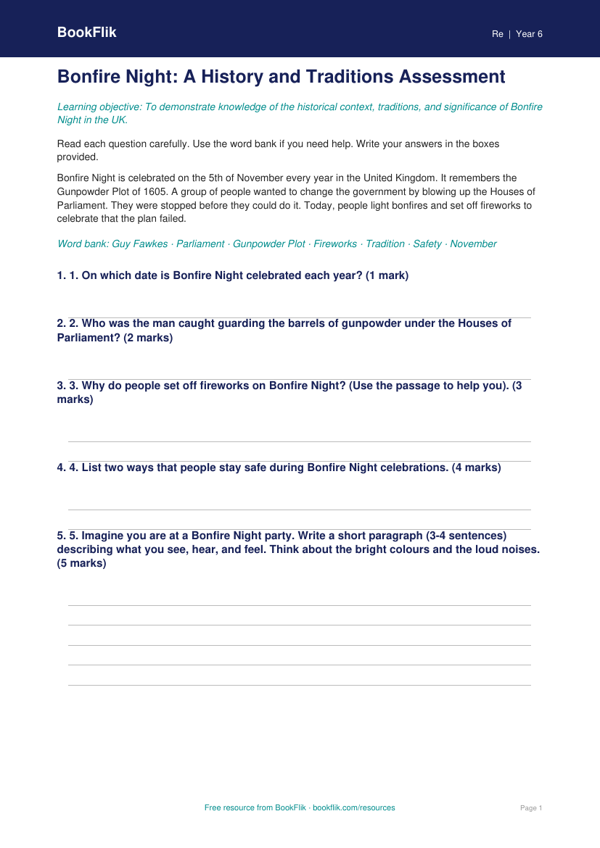 Free Bonfire Night Assessment | Year 6 | Religious Education | BookFlik worksheet preview — Re Bonfire Night