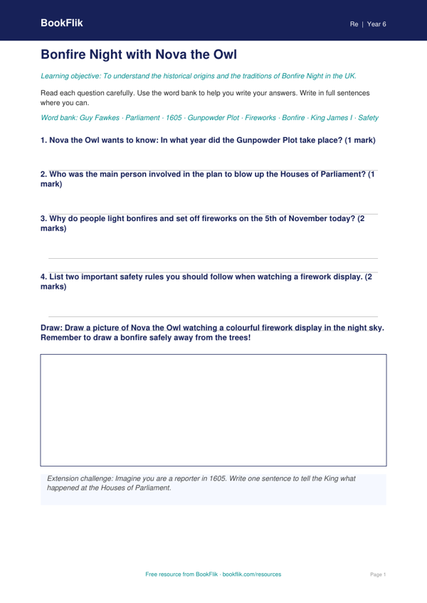 Free Bonfire Night Worksheet | Year 6 | Religious Education | BookFlik worksheet preview — Re Bonfire Night
