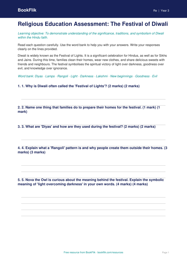 Free Diwali Assessment | Year 3 | Religious Education | BookFlik worksheet preview — Re Diwali