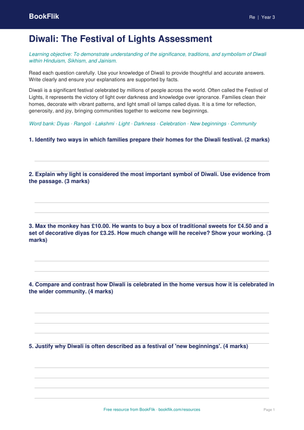 Free Diwali Assessment | Year 3 | Religious Education | BookFlik worksheet preview — Re Diwali