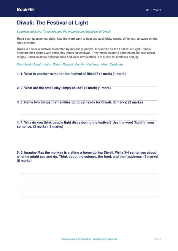 Free Diwali Assessment | Year 3 | Religious Education | BookFlik worksheet preview — Re Diwali