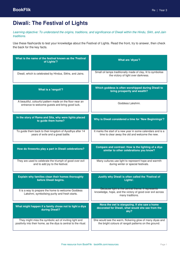 Free Diwali Flashcards | Year 3 | Religious Education | BookFlik worksheet preview — Re Diwali