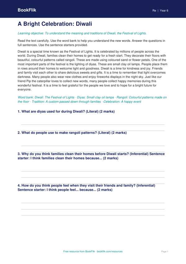 Free Diwali Comprehension | Year 6 | Religious Education | BookFlik worksheet preview — Re Diwali