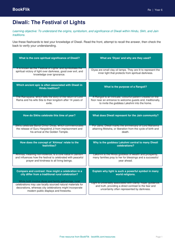 Free Diwali Flashcards | Year 6 | Religious Education | BookFlik