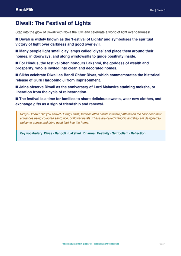 Diwali Poster Activity | Year 6 Religious Education | BookFlik worksheet preview — Re Diwali