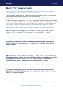 Diwali Worksheet Year 6 | Religious Education | BookFlik