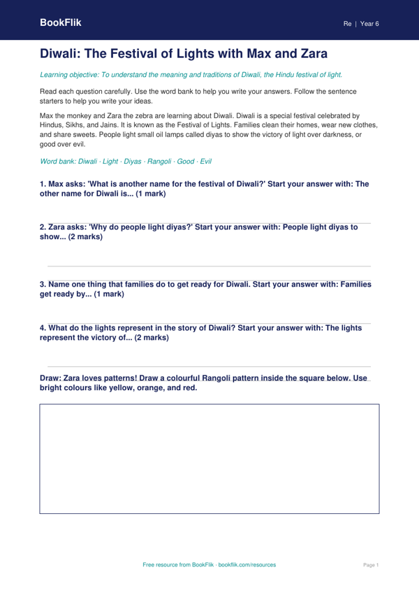 Free Diwali Worksheet | Year 6 | Religious Education | BookFlik worksheet preview — Re Diwali