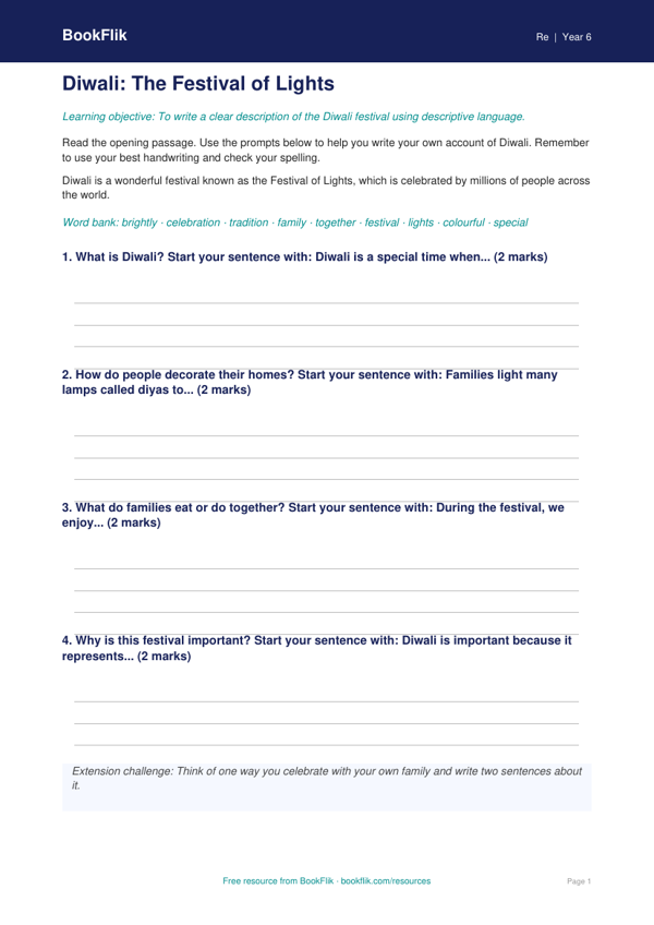 Free Diwali Writing Frame | Year 6 | Religious Education | BookFlik worksheet preview — Re Diwali