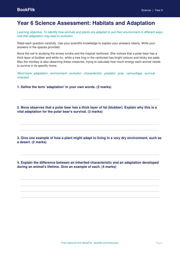 Free Adaptation Assessment | Year 6 | Science | BookFlik worksheet preview — Science Adaptation