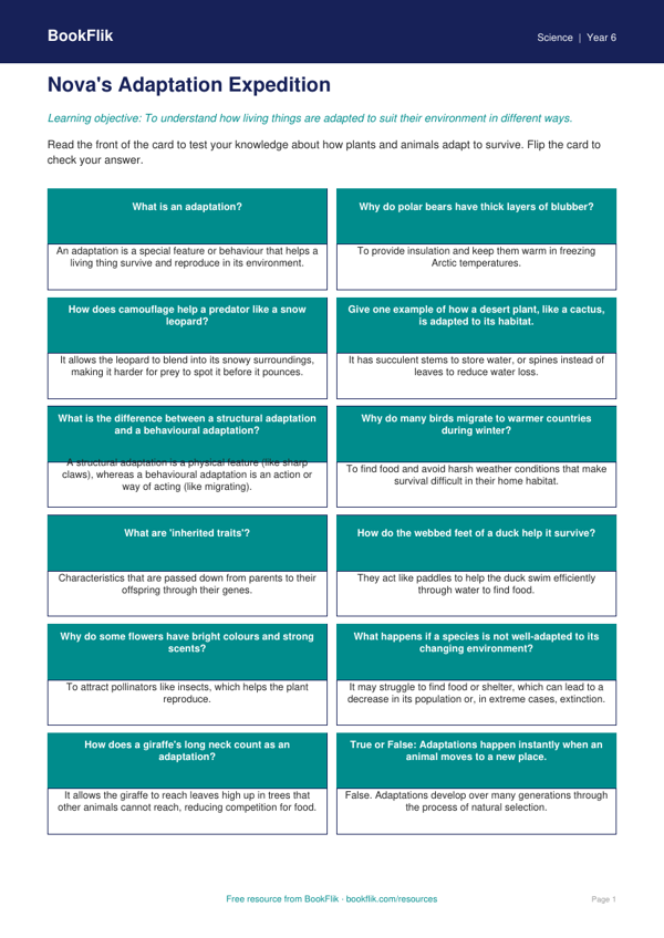 Adaptation Flashcards Year 6 Science | Australian Curriculum