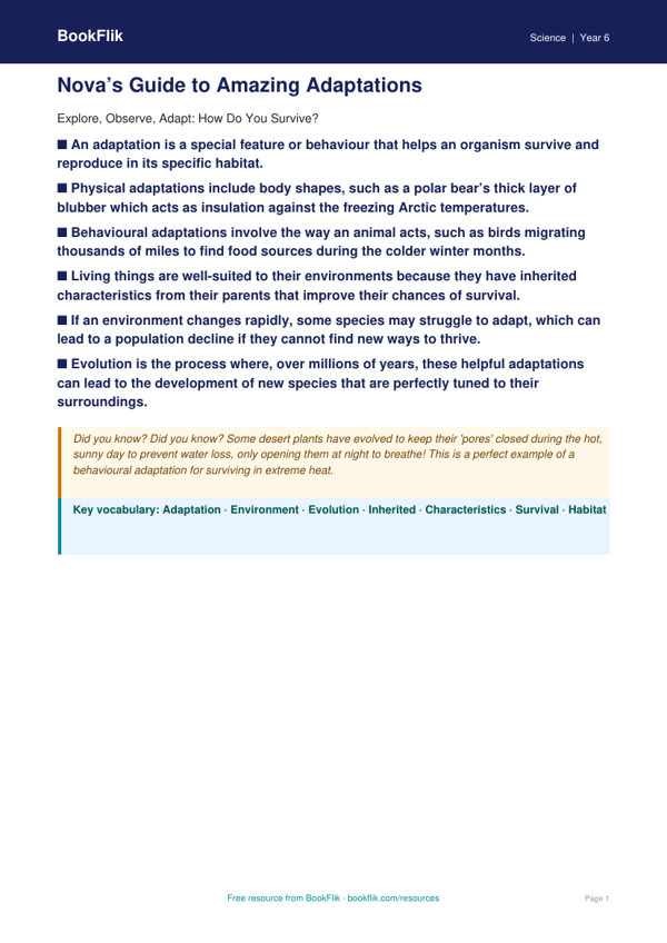 Free Adaptation Poster | Year 6 | Science | BookFlik