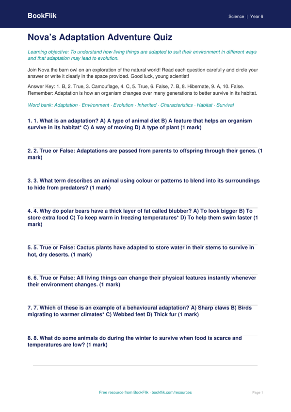 Free Adaptation Quiz | Year 6 | Science | BookFlik worksheet preview — Science Adaptation