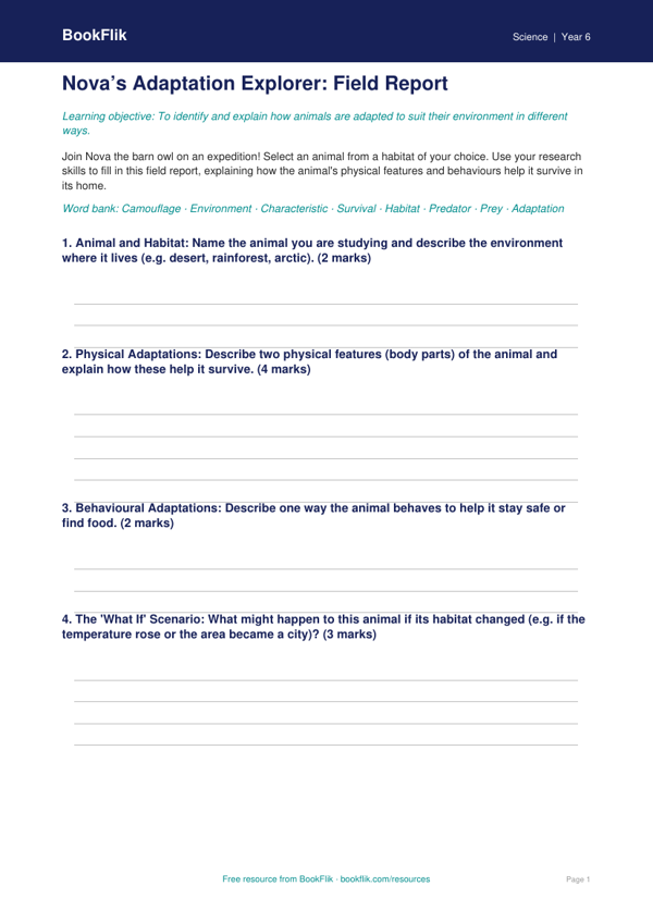 Adaptation Template Year 6 | Science Activity | BookFlik