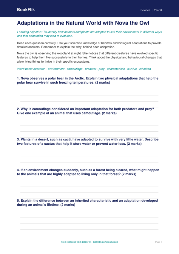 Free Adaptation Worksheet | Year 6 | Science | BookFlik