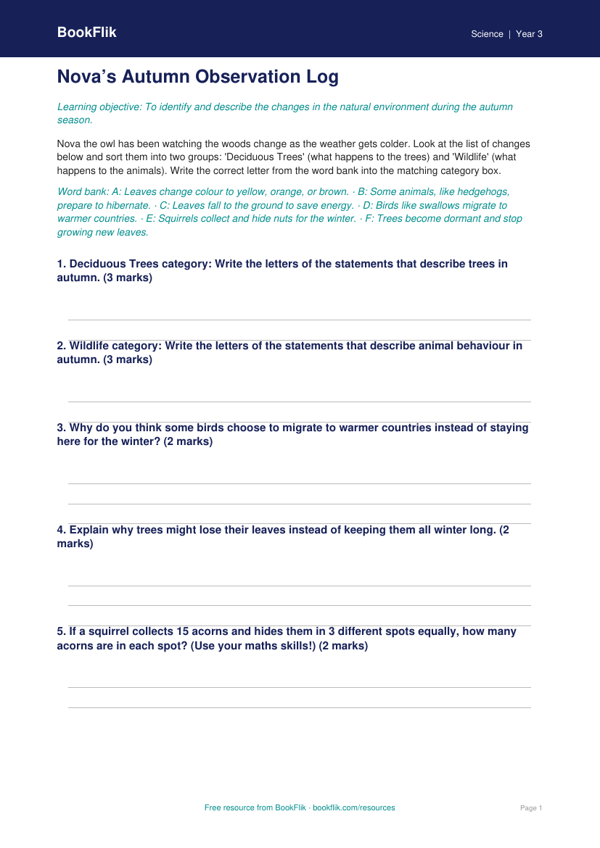 Free Autumn Science Activity Sheet | Year 3 | Science | BookFlik worksheet preview — Science Autumn Science