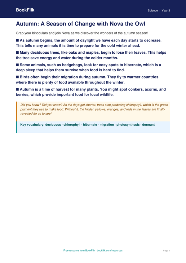 Free Autumn Science Poster | Year 3 | Science | BookFlik worksheet preview — Science Autumn Science