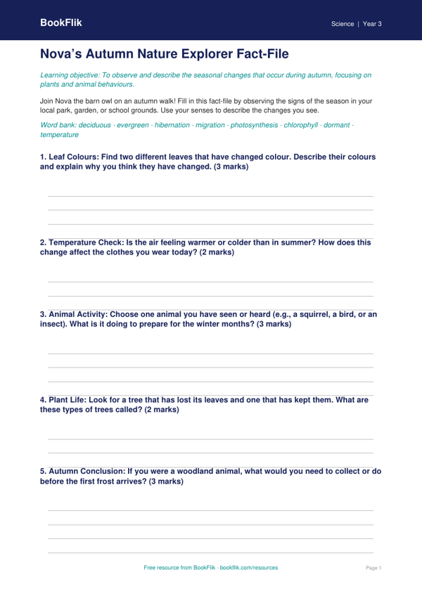 Free Autumn Science Template | Year 3 | Science | BookFlik worksheet preview — Science Autumn Science