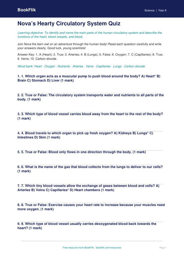 Free Circulatory System Quiz | Year 6 | Science | BookFlik