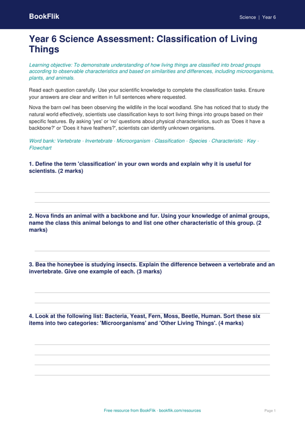 Free Classification Keys Assessment | Year 6 | Science | BookFlik worksheet preview — Science Classification Keys