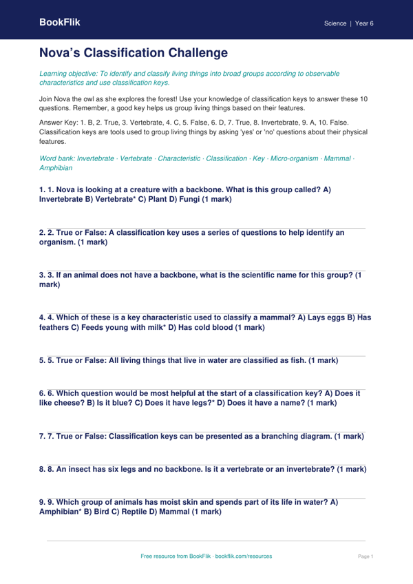 Free Classification Keys Quiz | Year 6 | Science | BookFlik