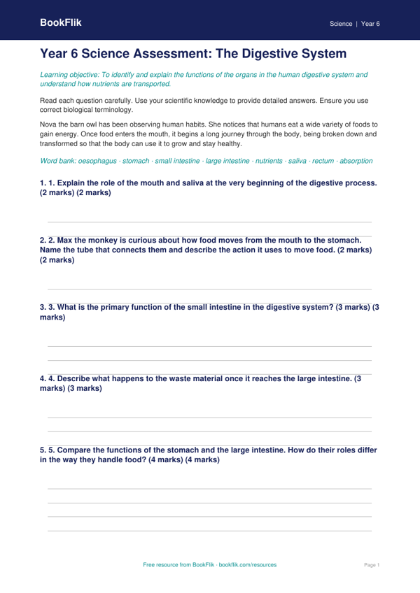 Free Digestion Assessment | Year 6 | Science | BookFlik worksheet preview — Science Digestion