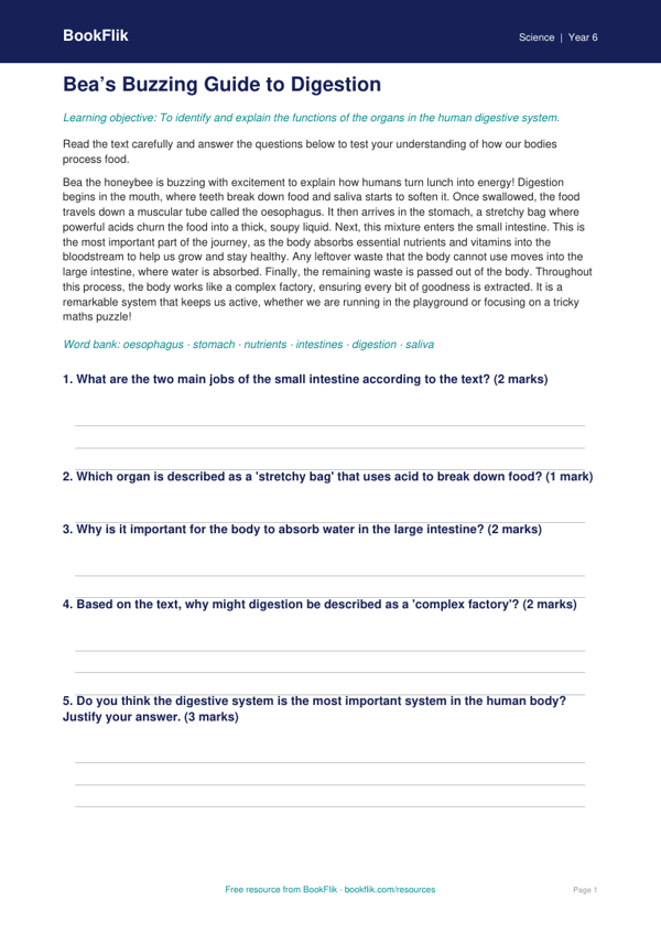 Free Digestion Comprehension | Year 6 | Science | BookFlik worksheet preview — Science Digestion