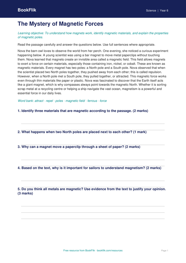 Free Magnets Comprehension | Year 6 | Science | BookFlik worksheet preview — Science Magnets